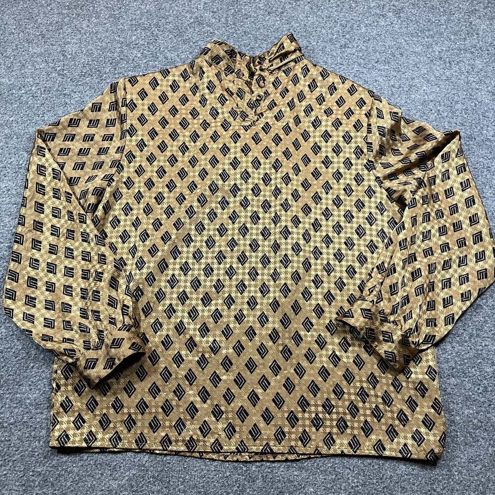 Vintage Laura & Jayne Blouse Womens 16 Brown Geometric Mock Neck Retro 90s